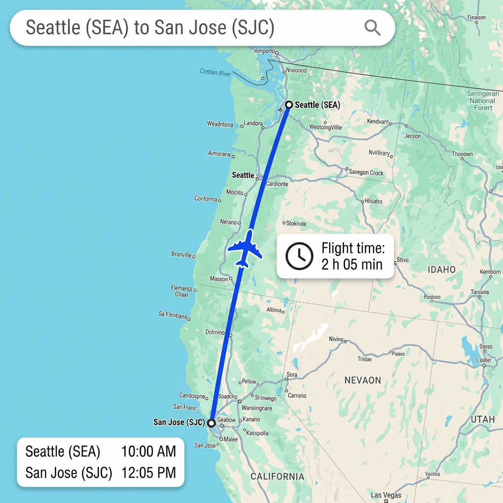 Map showing a flight path from San Jose (SJC) to Seattle (SEA), flight time 2H 05M.