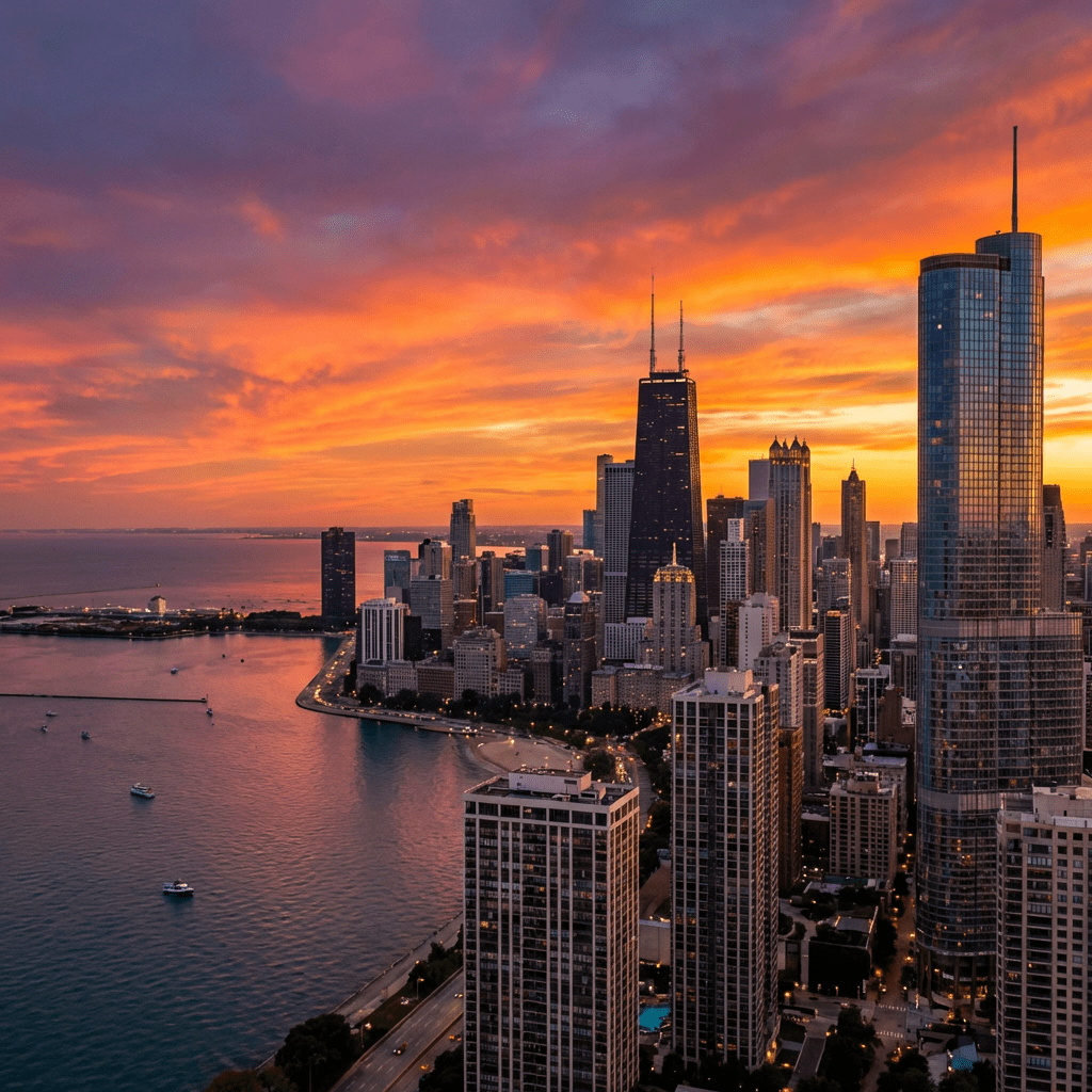 Aerial view of the Chicago skyline and Lake Michigan coastline under a vibrant orange sunset.