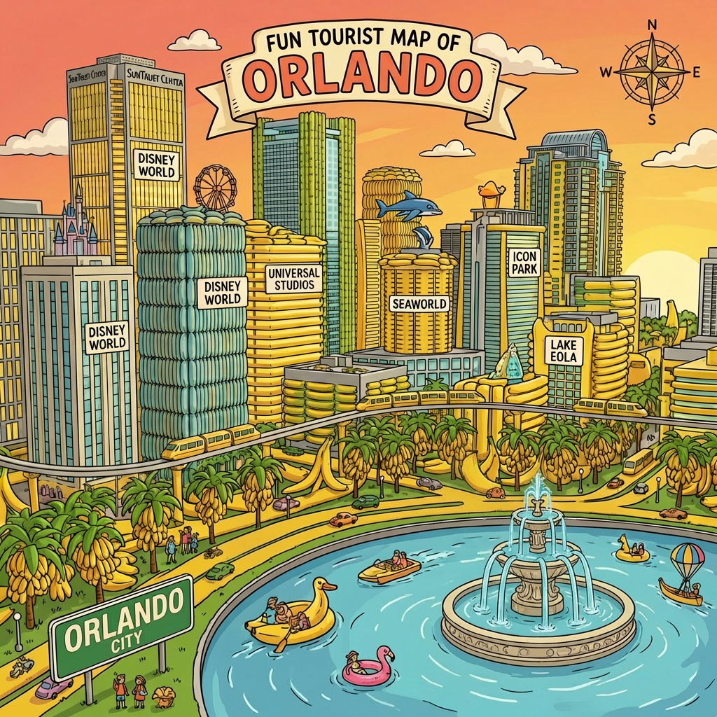 Digital art of Orlando Nano-Banana City with banana-shaped skyscrapers and a peeled banana fountain.